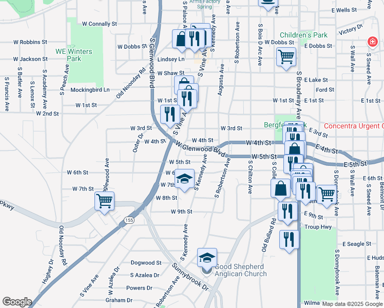 map of restaurants, bars, coffee shops, grocery stores, and more near 830 West Glenwood Boulevard in Tyler