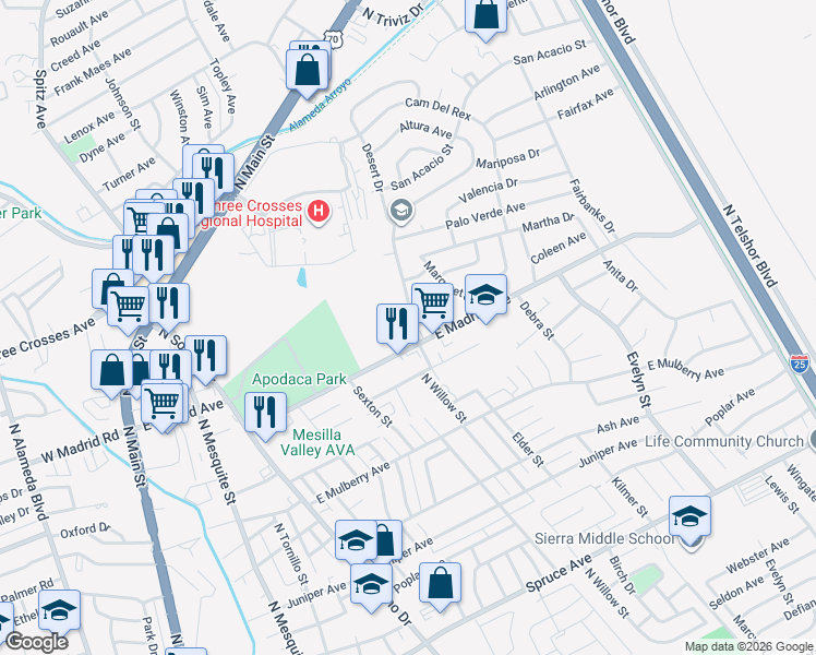 map of restaurants, bars, coffee shops, grocery stores, and more near 2127 Desert Drive in Las Cruces