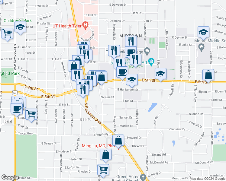 map of restaurants, bars, coffee shops, grocery stores, and more near 1615 Magnolia Drive in Tyler