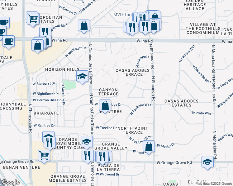 map of restaurants, bars, coffee shops, grocery stores, and more near in Tucson