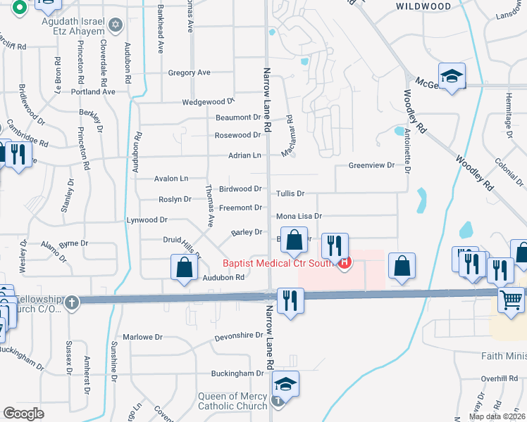 map of restaurants, bars, coffee shops, grocery stores, and more near 1170 Freemont Drive in Montgomery
