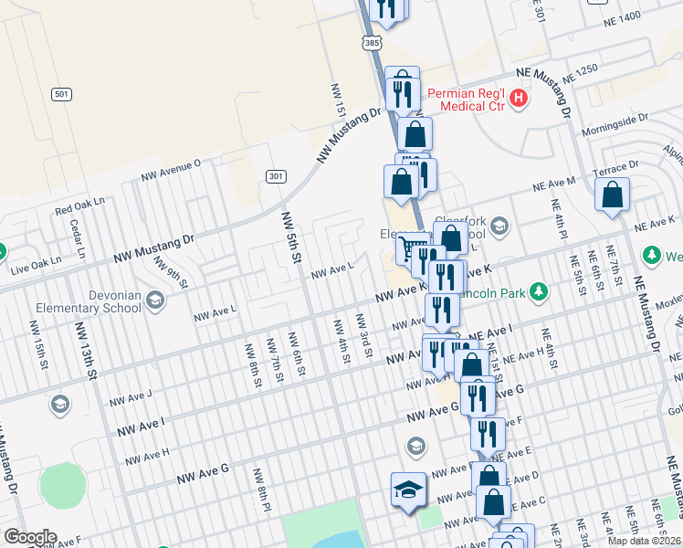 map of restaurants, bars, coffee shops, grocery stores, and more near 401 Northwest Avenue L in Andrews