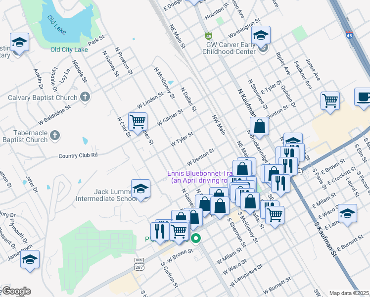 map of restaurants, bars, coffee shops, grocery stores, and more near 703 North Sherman Street in Ennis