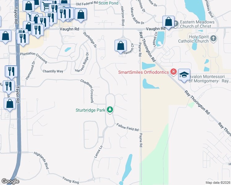 map of restaurants, bars, coffee shops, grocery stores, and more near 8601 Old Savannah Lane in Montgomery