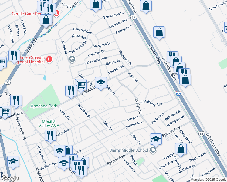 map of restaurants, bars, coffee shops, grocery stores, and more near 1801 Jayne Lane in Las Cruces