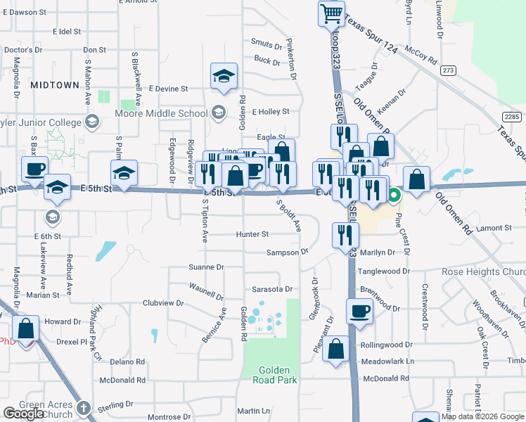 map of restaurants, bars, coffee shops, grocery stores, and more near 2341 Elgem Street in Tyler