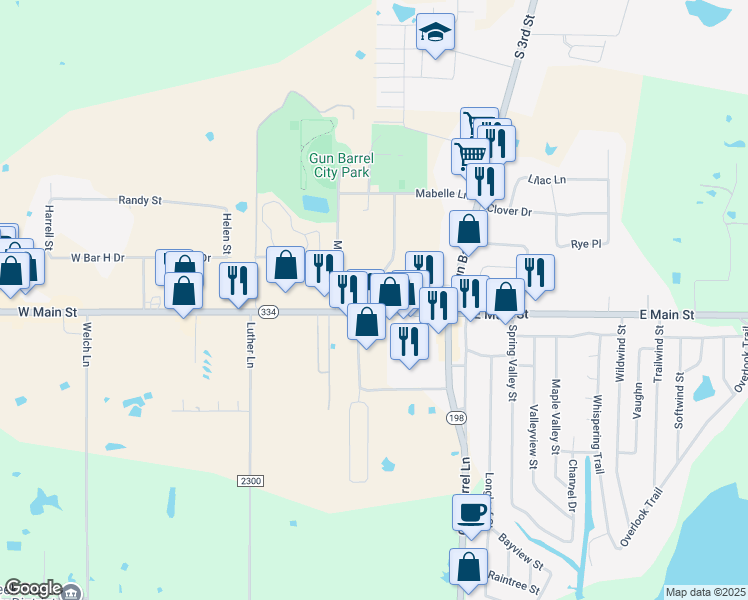 map of restaurants, bars, coffee shops, grocery stores, and more near 200 West Main Street in Gun Barrel City