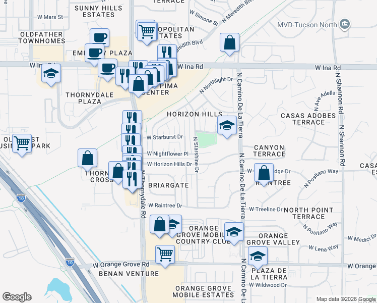 map of restaurants, bars, coffee shops, grocery stores, and more near 3609 West Nightflower Place in Tucson