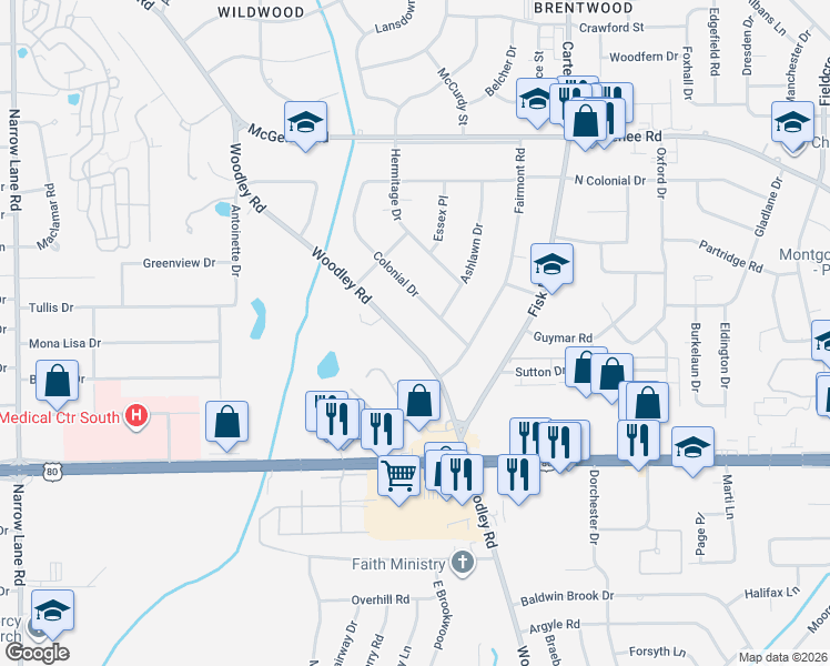 map of restaurants, bars, coffee shops, grocery stores, and more near 2863 Woodley Road in Montgomery