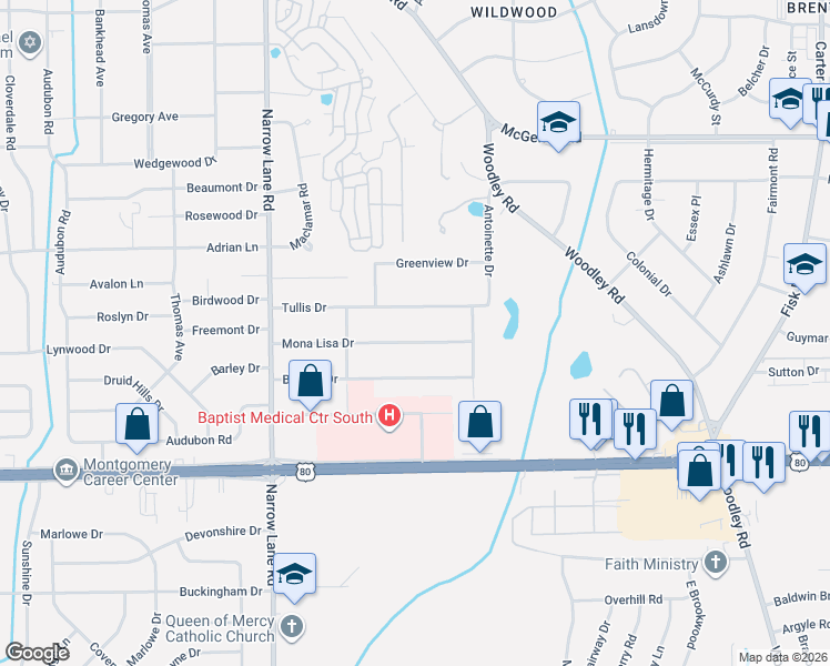 map of restaurants, bars, coffee shops, grocery stores, and more near 2140-2144 Mona Lisa Drive in Montgomery