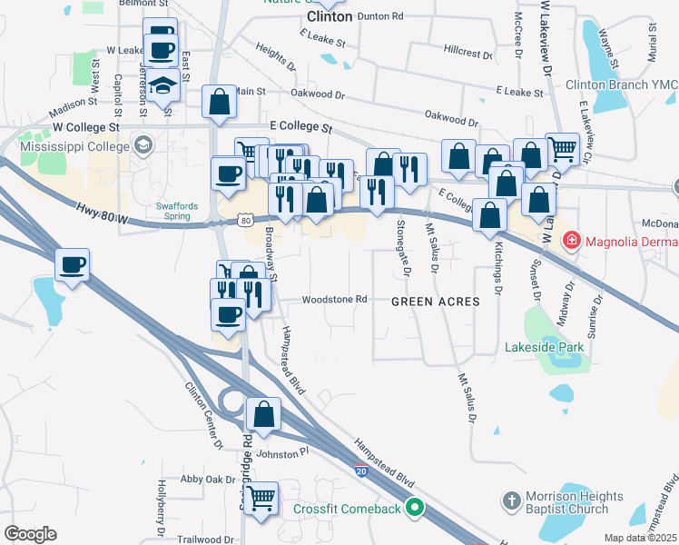 map of restaurants, bars, coffee shops, grocery stores, and more near 107 Woodstone Place in Clinton