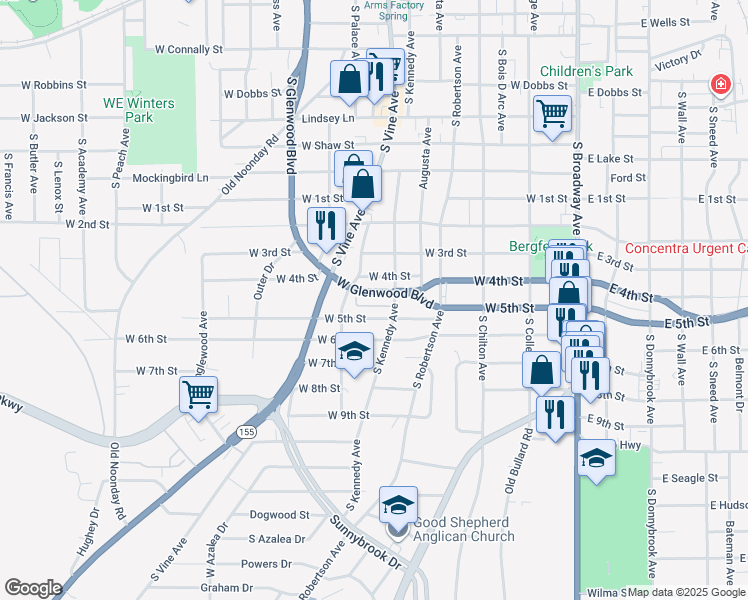 map of restaurants, bars, coffee shops, grocery stores, and more near 1655 South Kennedy Avenue in Tyler
