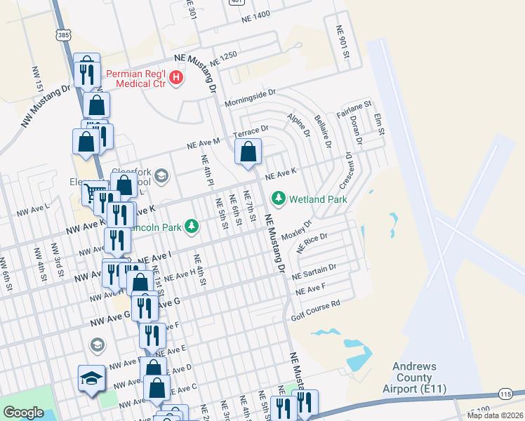 map of restaurants, bars, coffee shops, grocery stores, and more near 1008 Northeast 7th Street in Andrews