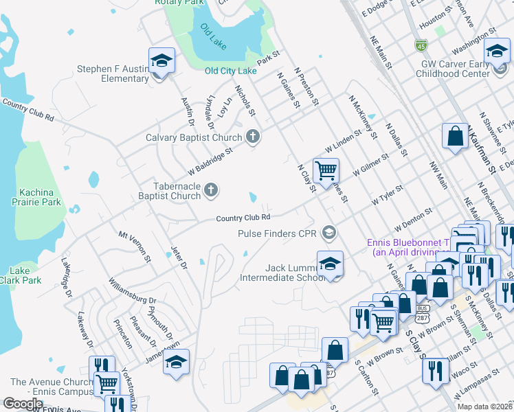 map of restaurants, bars, coffee shops, grocery stores, and more near 1100 Country Club Road in Ennis