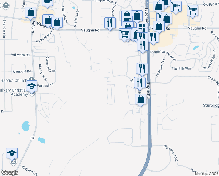 map of restaurants, bars, coffee shops, grocery stores, and more near 3537 Claiborne Circle in Montgomery