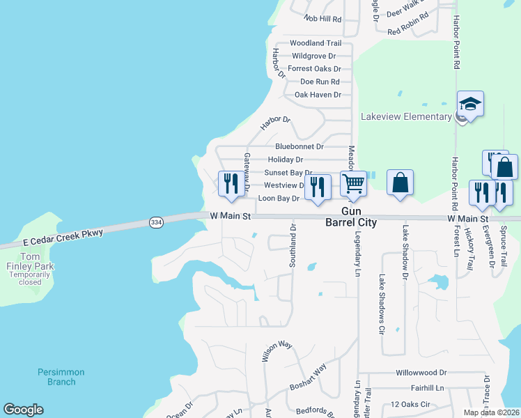 map of restaurants, bars, coffee shops, grocery stores, and more near 2715 West Main Street in Gun Barrel City