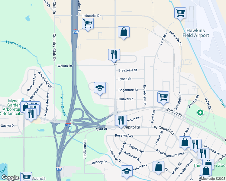 map of restaurants, bars, coffee shops, grocery stores, and more near 315 Boling Street in Jackson