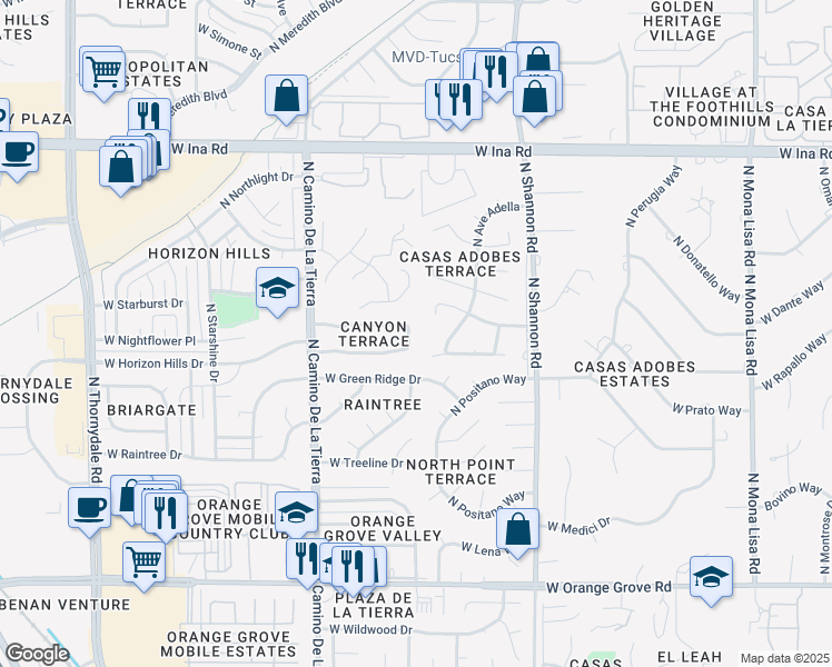 map of restaurants, bars, coffee shops, grocery stores, and more near 6845 North Avenue Adella in Tucson