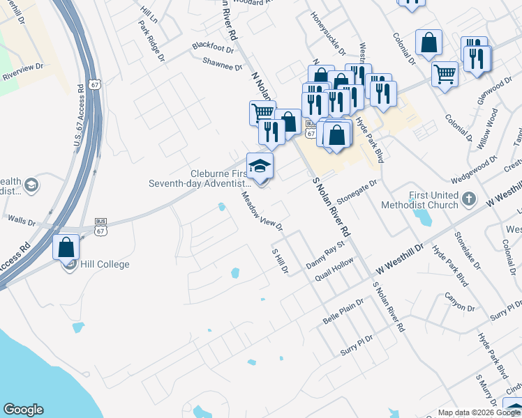 map of restaurants, bars, coffee shops, grocery stores, and more near 1712 Live Oak Drive in Cleburne