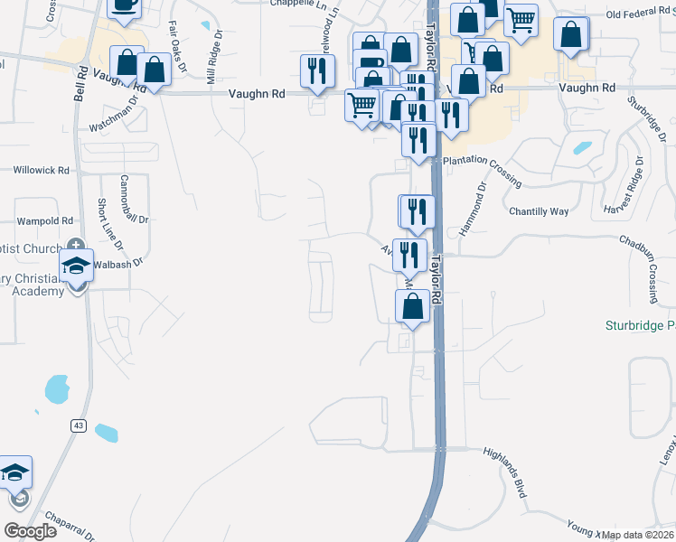 map of restaurants, bars, coffee shops, grocery stores, and more near 3854 Claiborne Circle in Montgomery