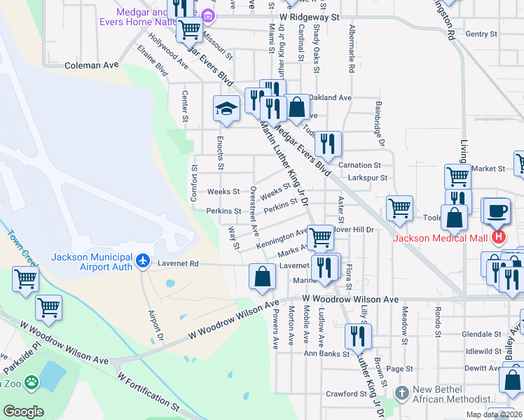 map of restaurants, bars, coffee shops, grocery stores, and more near 2713 Overstreet Avenue in Jackson