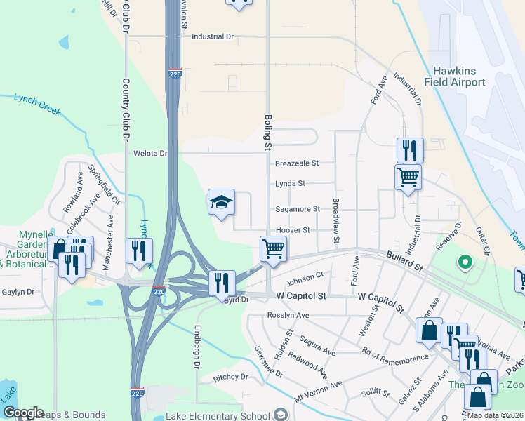 map of restaurants, bars, coffee shops, grocery stores, and more near 315 Boling Street in Jackson