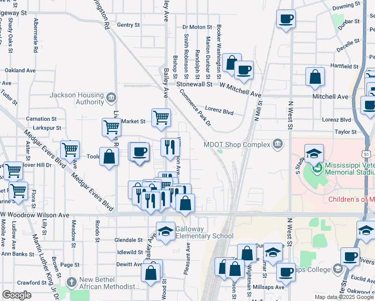 map of restaurants, bars, coffee shops, grocery stores, and more near 2621 Prosperity Street in Jackson