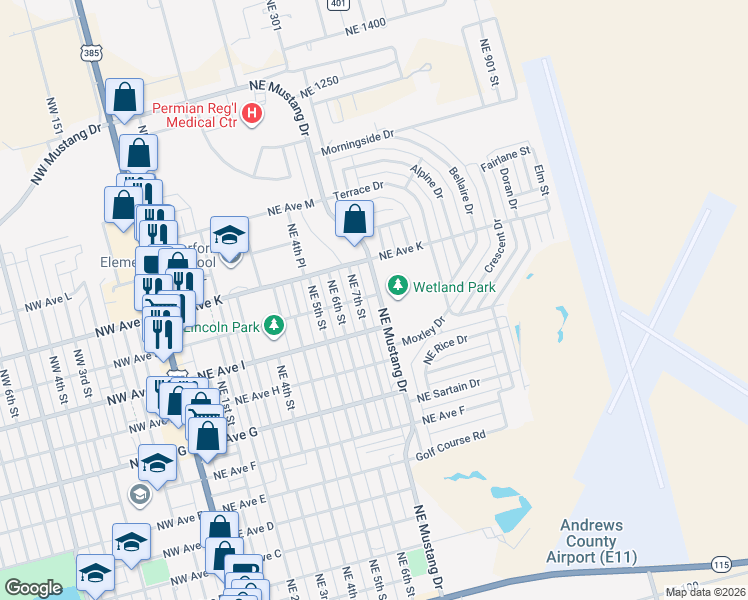 map of restaurants, bars, coffee shops, grocery stores, and more near 1008 Northeast 7th Street in Andrews