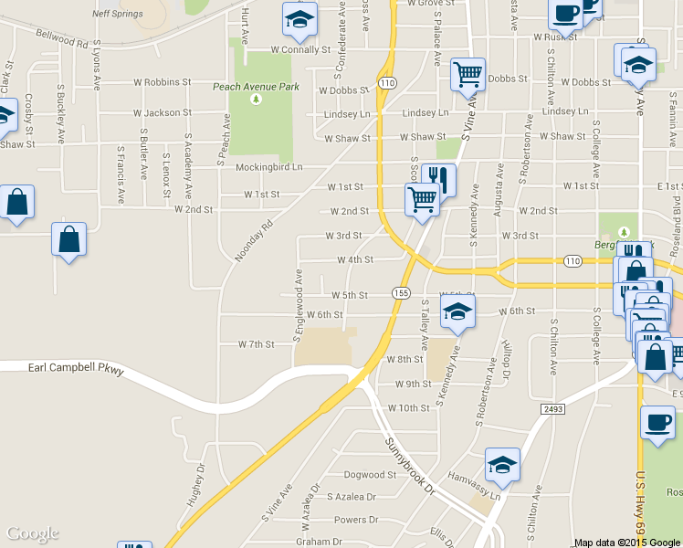 map of restaurants, bars, coffee shops, grocery stores, and more near 1703 Outer Drive in Tyler