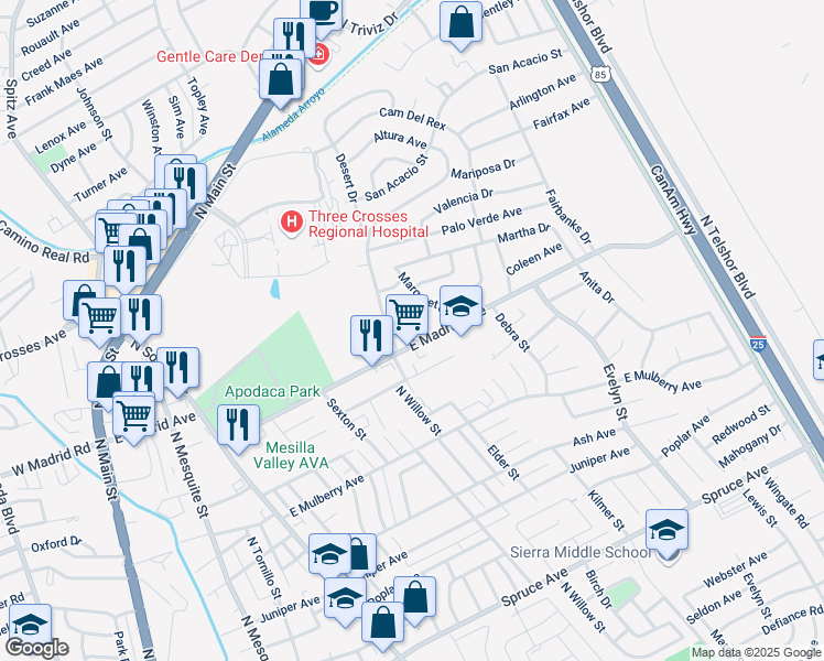 map of restaurants, bars, coffee shops, grocery stores, and more near 1314 East Madrid Avenue in Las Cruces