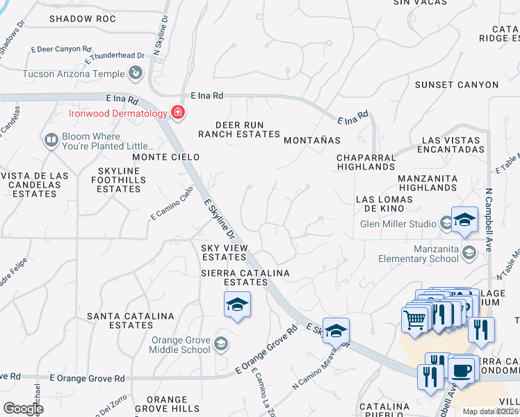 map of restaurants, bars, coffee shops, grocery stores, and more near 6861 North Solaz Segundo in Tucson