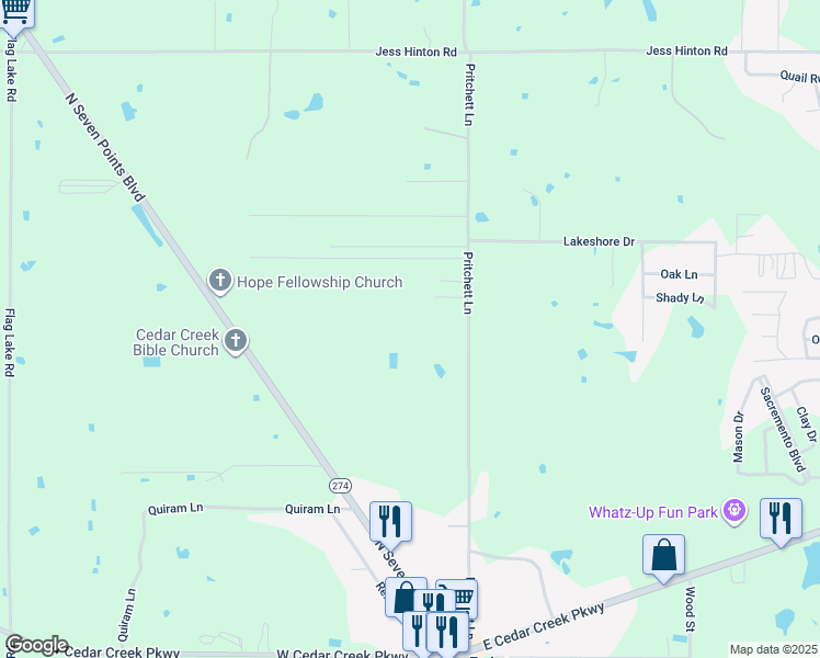map of restaurants, bars, coffee shops, grocery stores, and more near 720 Pritchett Lane in Seven Points