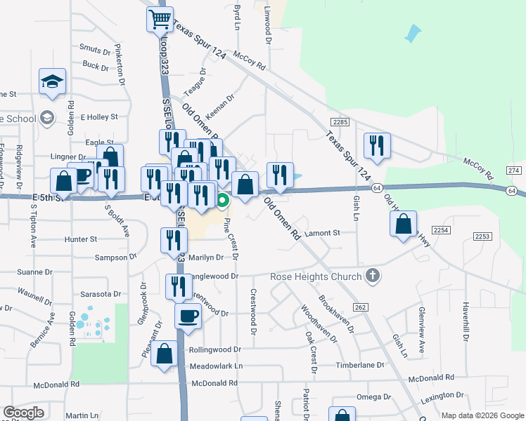 map of restaurants, bars, coffee shops, grocery stores, and more near 2914 Meadow Brook Trails in Tyler