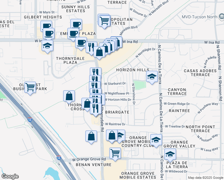 map of restaurants, bars, coffee shops, grocery stores, and more near 3761 West Nightflower Place in Tucson