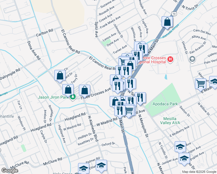 map of restaurants, bars, coffee shops, grocery stores, and more near 2500 North Main Street in Las Cruces