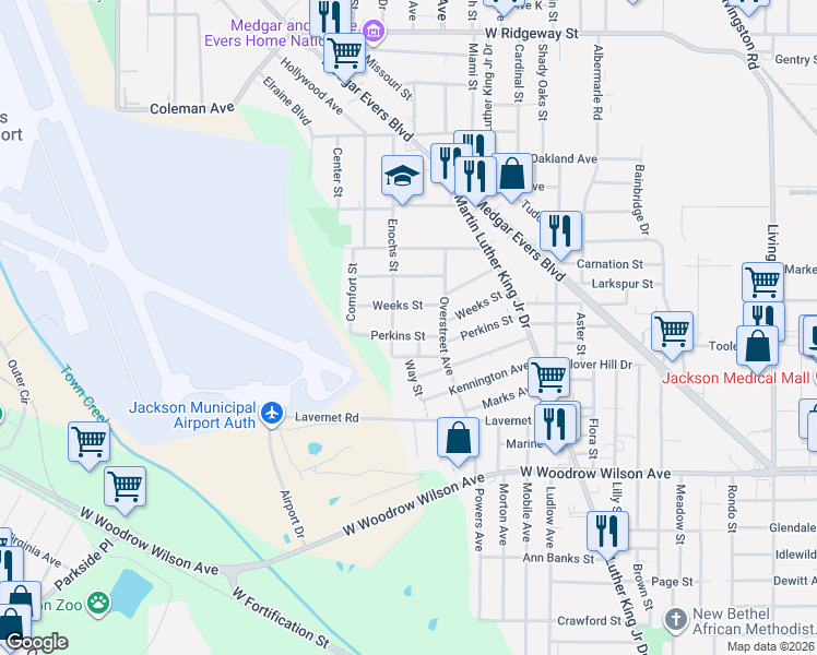 map of restaurants, bars, coffee shops, grocery stores, and more near 1445 Perkins Street in Jackson