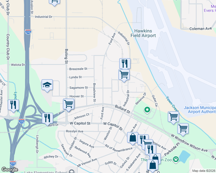 map of restaurants, bars, coffee shops, grocery stores, and more near 256 Ford Avenue in Jackson