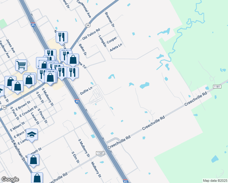 map of restaurants, bars, coffee shops, grocery stores, and more near 706 Interstate 45 in Ennis