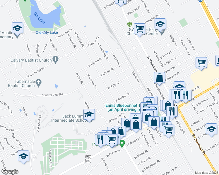 map of restaurants, bars, coffee shops, grocery stores, and more near 499 West Tyler Street in Ennis