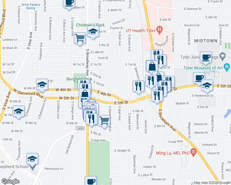 map of restaurants, bars, coffee shops, grocery stores, and more near 412 East 4th Street in Tyler