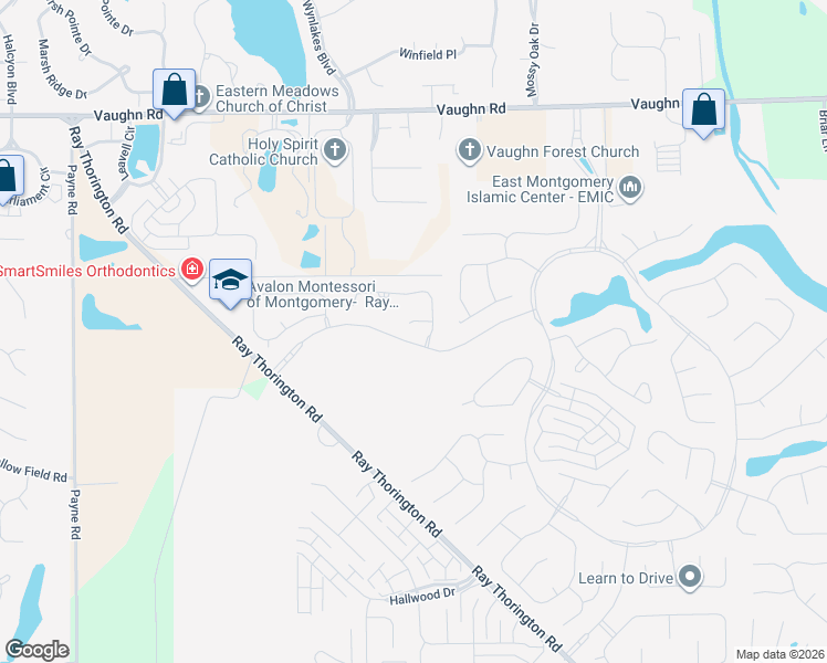 map of restaurants, bars, coffee shops, grocery stores, and more near Deer Creek Crossing in Montgomery