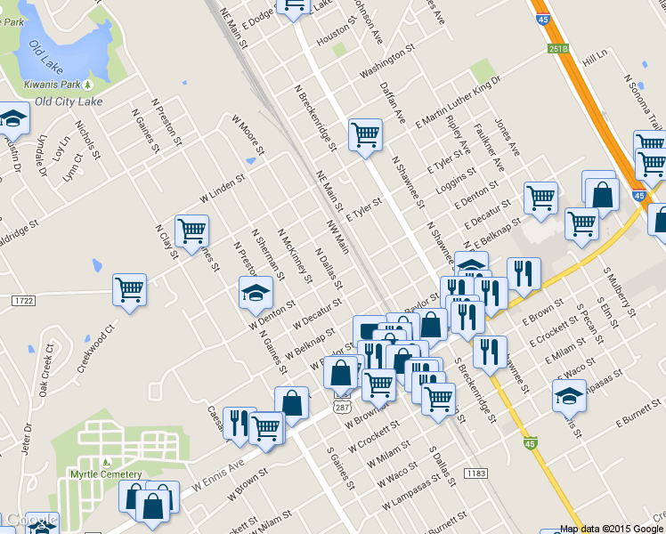 map of restaurants, bars, coffee shops, grocery stores, and more near 604 North Dallas Street in Ennis