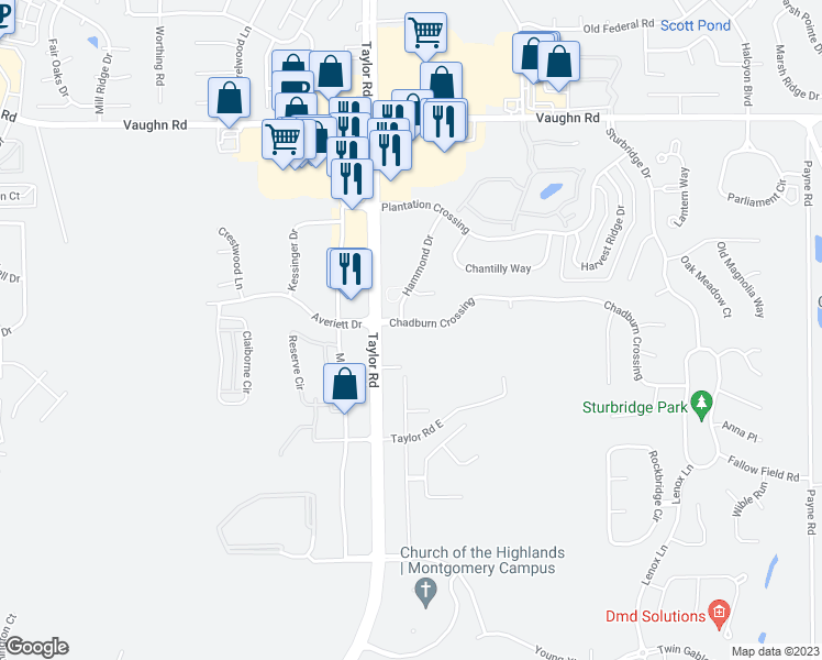 map of restaurants, bars, coffee shops, grocery stores, and more near 8213 Chadburn Crossing in Montgomery