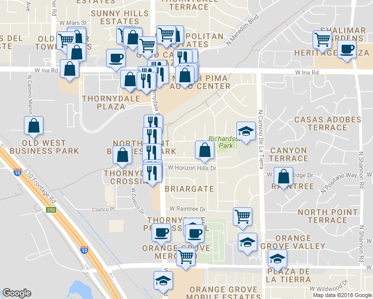 map of restaurants, bars, coffee shops, grocery stores, and more near 6832 North Autumn Place in Tucson