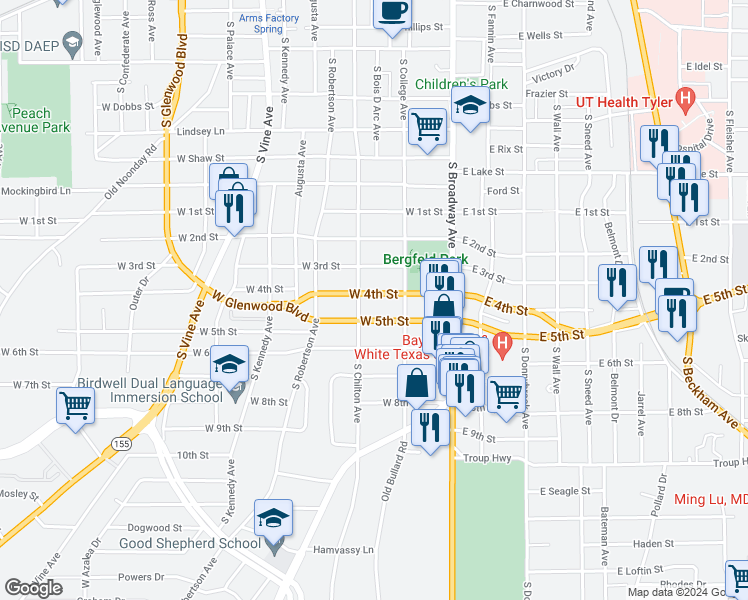 map of restaurants, bars, coffee shops, grocery stores, and more near 400 West 4th Street in Tyler