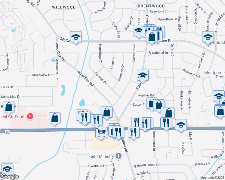 map of restaurants, bars, coffee shops, grocery stores, and more near 2837 Colonial Drive in Montgomery