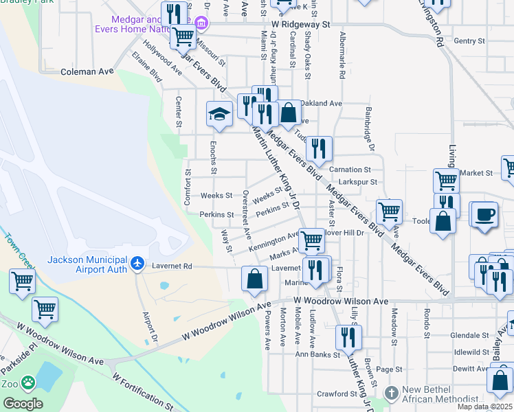 map of restaurants, bars, coffee shops, grocery stores, and more near 1340 Weeks Street in Jackson