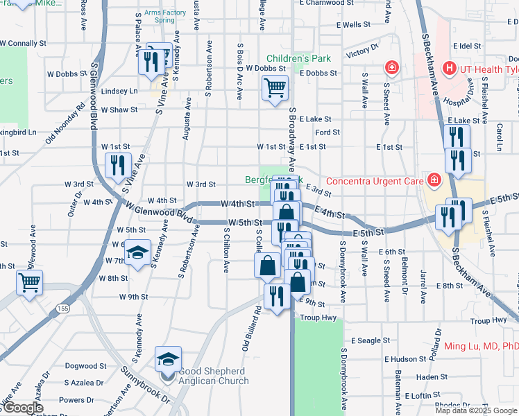 map of restaurants, bars, coffee shops, grocery stores, and more near 1598 South College Avenue in Tyler