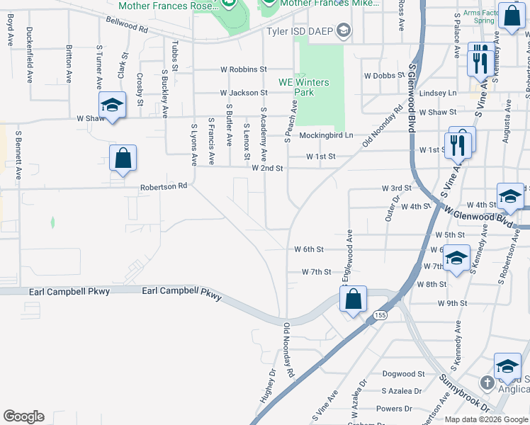 map of restaurants, bars, coffee shops, grocery stores, and more near 1509 South Academy Avenue in Tyler