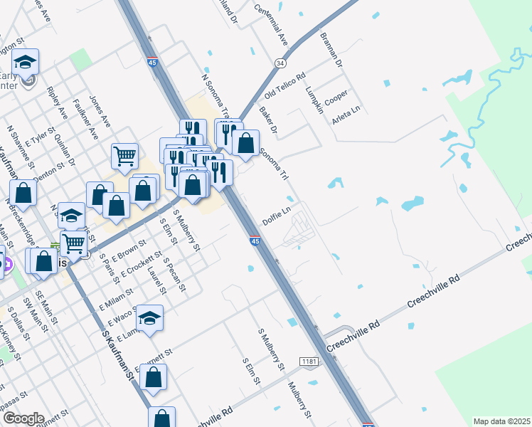 map of restaurants, bars, coffee shops, grocery stores, and more near 1200 Dolfie Lane in Ennis